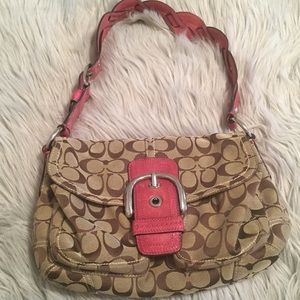 Coach bag, tan and dark pink